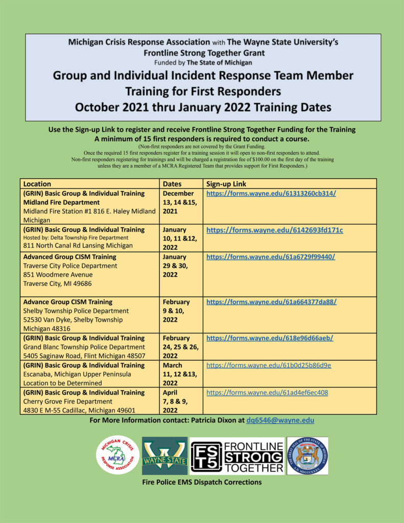 Group and Individual Incident Response Team Member Training for First Responders
October 2021 thru January 2022 Training Dates